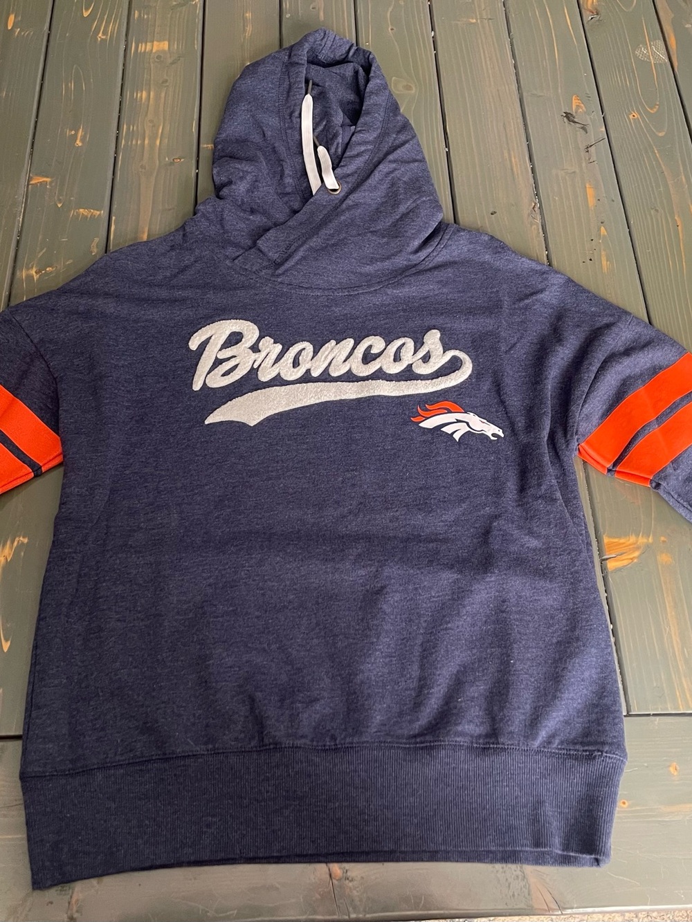 NFL Navy Broncos Hooded Sweatshirt with Orange Sleeve Stripes